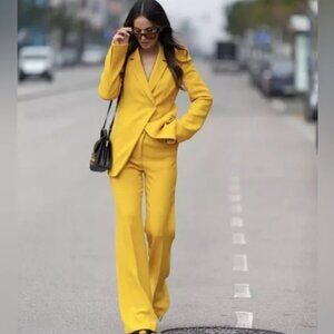 ZARA Women's Yellow Textured Flare Pants & Blazer Set NWT Size L 6136/047/300